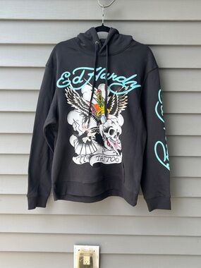 Ed Hardy 77 Eagle Hoodie Sweatshirt Size L Dark Gray Y2K Graphic Streetwear